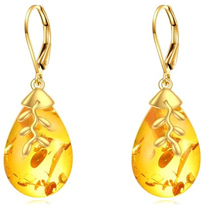 POPLYKE Teardrop Amber Earrings 925 Sterling Silver Leaf Earrings Dangle Leverback Earrings for Women Amber Jewelry