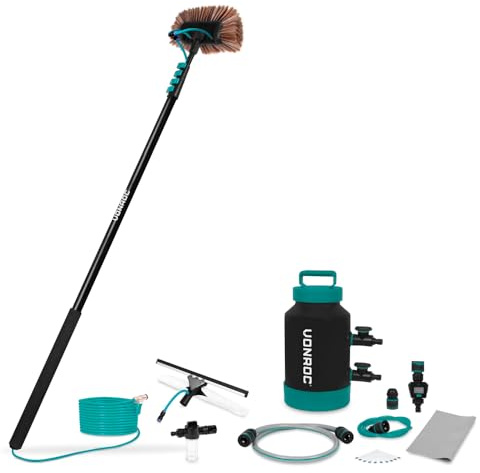 VONROC Spazzola Telescopica 6,5m + Addolcitore Acqua Portatile | Pulizia Senza Calcare per Casa, Auto, Camper, Pannelli Solari | Kit Completo con Dispenser Sapone e Accessori