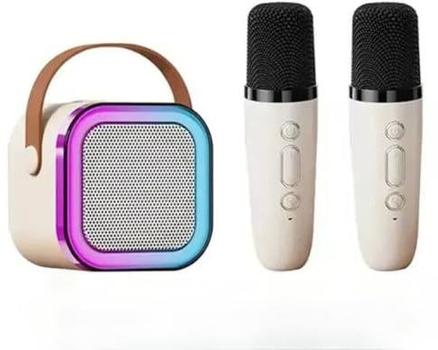 EBILUN Mini macchina per karaoke per bambini, con microfono 1 pz/2 pezzi, altoparlante Bluetooth portatile con luci LED, giocattoli per bambini, regali per feste di compleanno (beige da 1 a 2)