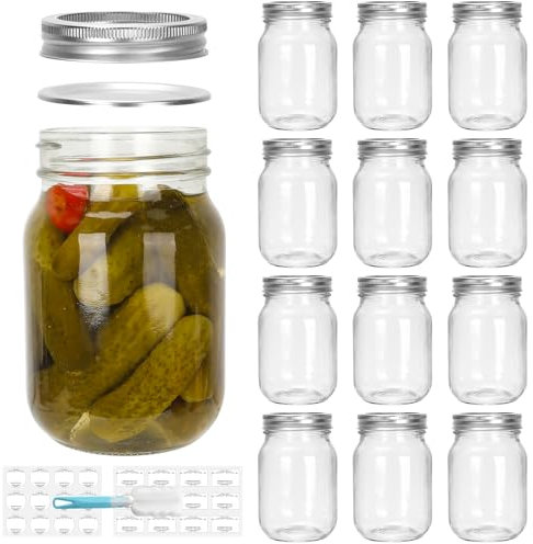 CulnCraz 16 oz Glass Regular Mouth Mason Jars, 12 Pack Wide Mouth Glass Canning Jars with Silver Aluminum Lids and Bands, Airtight Jars for Food Storage, Canning, Fermenting, Pickling, Decor