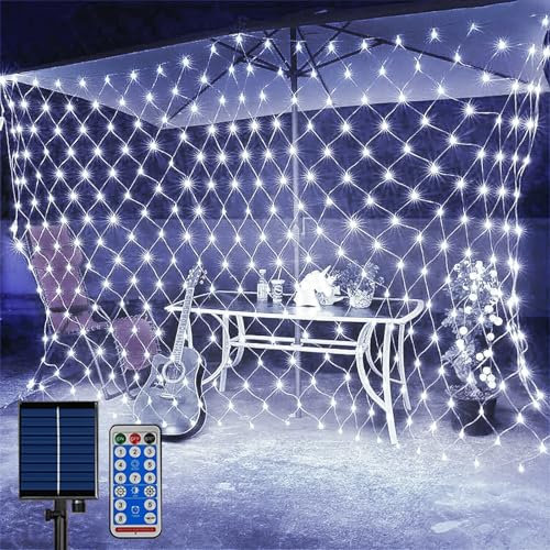 SIOOUI Solar Net Lights Outdoor Garden, 1.5m x 1.5m 96LEDs Mesh Fairy Lights, 8 Modes Solar Powered Net Lights with Remote Control for Garden Fence Yard Decor (White)