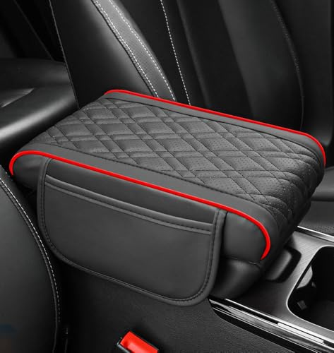 JDUYHS Coussin D'accoudoir Voiture pour Hyundai Ioniq Hybrid Tucson Hybrid, Coussin Accoudoir Voiture avec 2 Poches de Rangement, Antidérapant Cuir Console Centrale Protéger Pad,D BlackRed