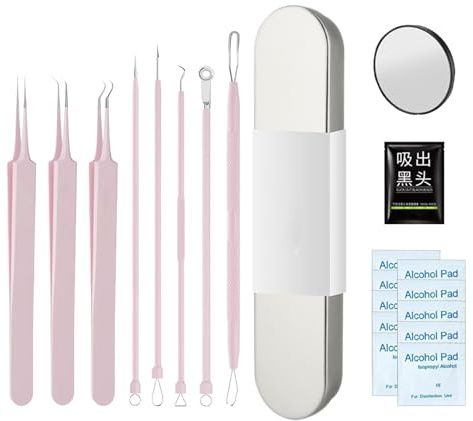 Pimple Popper Tool, Facial Extraction Tools, Zit Poppers Set, Professional Facial Cleaner, Blemish Remover, Deep Cleaning Skin Care for Women, Men, Travelers, Teens, Pink