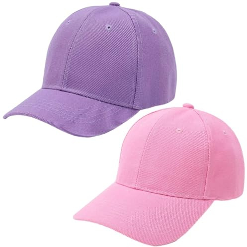 2 Basebollmössor, enkla barnmössor, justerbara sportmössor, mjuka och bekväma utomhussolskyddsmössor (lila, rosa)