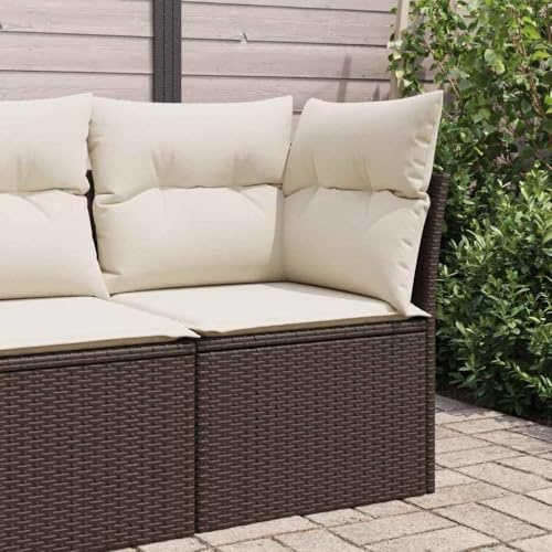 Canapé d'Angle Jardin, en Rotin Synthétique avec Coussin, Confortable et Modulable, Canapé Exterieur Terrasse, Banquette Exterieur, pour Terrasse, Balcon, Jardin, Marron et Blanc Crème, 62x62x69 cm