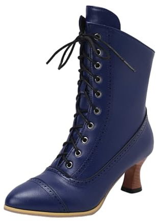 Botines 2026 para mujer Botines británicos con cordones con copas de vino Botines cortos grandes para mujer de color sólido con redondo, azul, 42 EU
