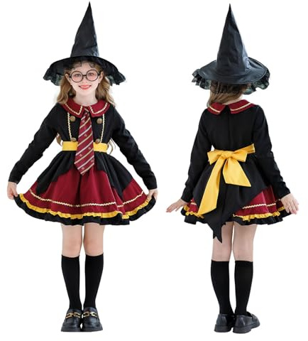 Costume de sorcier pour enfant - Robe Lolita pour fille avec chapeau magique, ceinture et cravates - Tenue de cosplay classique du personnage du film - Costume d'Halloween pour carnaval, cosplay