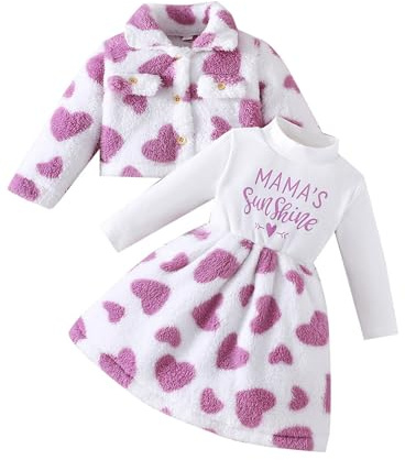 Miutii 2 st baby flicka klänning vinterklänning fleece kofta småbarn långärmad t-shirt klänning plysch kläder set, violett, 98-104