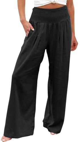 Womens Sweatpants Women Clothing Cotton Linen Trousers Womens Summer Casual Elastic High Waist Long Pants Fashion Solid Straight Bottoms Wide Leg Tummy Control Jogger Trendy Trouser Black XL