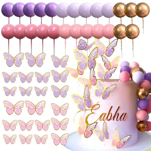 CATZUM 47 pezzi Torta con Farfalle Decorative – Topper per Torta Buon Compleanno – Decorazioni Torta Compleanno, Matrimonio e Bambine – Decorazione Torte Set con Dettagli Festivi (Rosa e Viola)