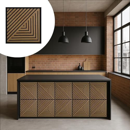 Lot de 4 panneaux muraux 3D en MDF 50 x 50 cm - 1 m² - 6 mm - Noir avec décor en chêne - Différents motifs au choix - Revêtement mural pour salon, chambre et bureau (5)