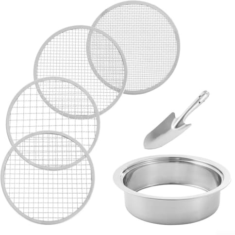 Juego de tamiz de suelo de acero inoxidable con pantallas de malla intercambiables de 3 mm, 6 mm, 9 mm, 12 mm, tamiz de suciedad de jardín para rocas y arena, herramienta de cribado de compost para