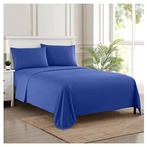 Sweet Home Collection Luxury Bedding Set with Flat, Fitted Sheet, 2 Pillow Cases, Microfiber, Royal Blue, Queen