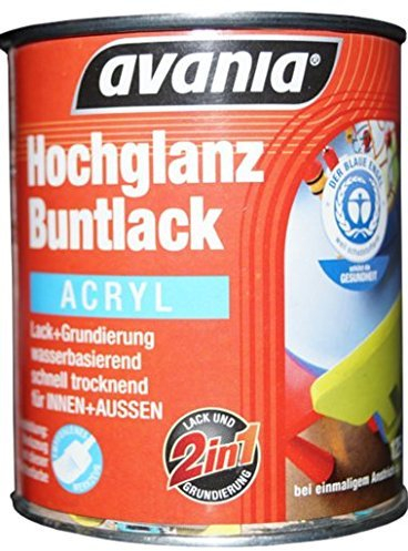 Avania Hochglanz Buntlack/Acryllack/weiß / 375 ml / 2 in 1 Lack u. Grundierung/Malerqualität für Holz, Putz,Beton, Mauerwerk, Kunststoff,Eisen, Stahl, Metall,Zink, Aluminium, Kupfer