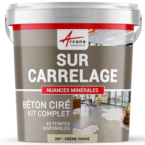 Béton ciré sur carrelage, cuisine, salle de bain, mural, sol, plan de travail, revêtement décoratif douche en kit - 2 m² (en 2 couches) Crème Ivoire - ARCANE INDUSTRIES