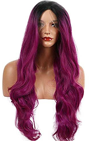 Xiweiya Perruques synthétiques résistantes à la chaleur avec racines foncées ombrées - Cheveux ondulés synthétiques violets - Pour femme