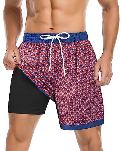 American Trends Men's Swim Trunks 7 Inch with Compression Liner Quick Dry Swim Shorts for Men Beach Board Shorts Bathing Suit with Pockets Medium 7 Fish Scales