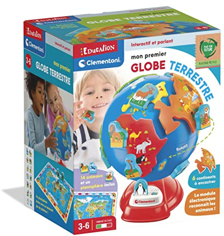 Clementoni - Éducation : Mon Premier Globe Terrestre Interactif- Jeu Éducatif pour Enfant - 6 Continents à Encastrer + 14 Animaux + 1 Planisphère - Jeu Coopératif Amusant - À partir de 3 ans - 52684