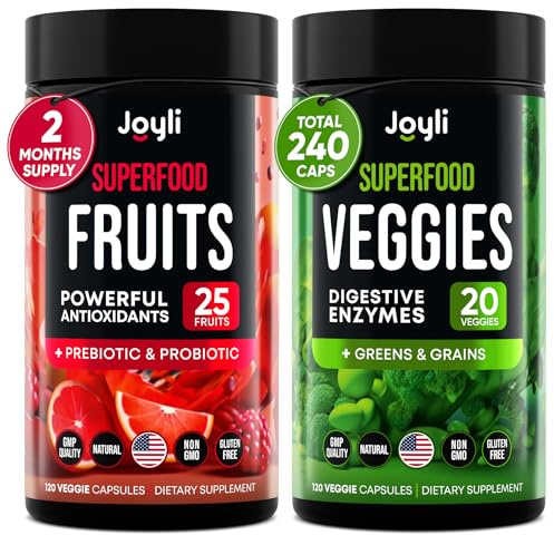Fruits and Veggies Supplement - High Fiber Supplement for Immunity, Gut & Energy - Super Reds & Super Greens Supplements with Marshmallow Root - 240 Reds and Super Greens Powder Superfood Capsules