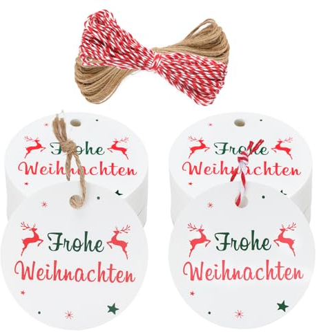 jijAcraft Frohe Weihnachten Geschenkanhänger Rund, Weiß Merry Christmas Kraftpapier Etiketten 5,5 cm, 100 Stück Weihnachten Papieranhänger mit Schnur für Dekoration Geschenke Verpackung