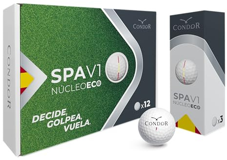 Condor Golf - Bola de Golf SPA V1 - Pelota de Golf de Alto Rendimiento - Nucleo Eco - Diseñada para Distancia y Control - Fabricación Española - Pack de 12
