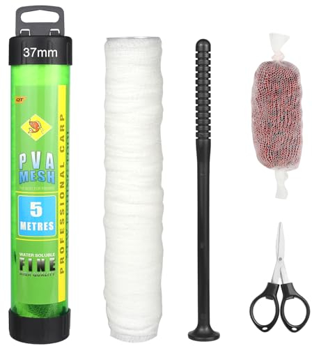 Annyswit 5m PVA Netz Angeln Set mit Schere & Trichter & Stößel System 18/25 / 37 mm Beutel Angeln PVA Mesh Karpfen Zubehör Bags für Boilie Feste Köder Futter (5m*37mm)