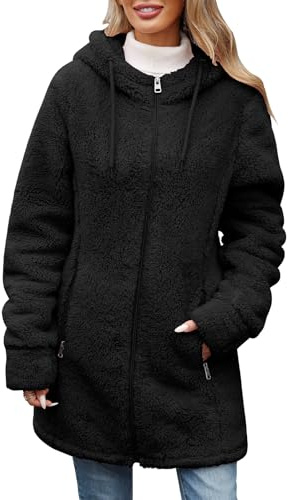 Vancavoo Teddy Fleece Jacket Women Hoodies Ladies Winter Warm Coats Full Zip Fleece Lined Sweatshirt Casual Jumper Outerwear With Pockets(Black,XXL)