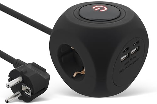 Inline 7-in-1 Steckdosenwürfel mit USB, Charging Cube, 3X Schutzkontakt, 2X USB-C, 2X USB-A, mit Schalter, 2m Kabel, Steckdosenleiste, Mehrfachstecker, Tischsteckdose, 3680W, schwarz, 16499B