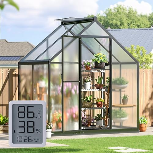 SYLVIERA 6x4FT Small Greenhouse with Hygrometer, Plant Gardening Green Houses for Outside Heavy Duty with Aluminum Frame, Quick Setup Polycarbonate Greenhouse with Lockable Door & Vented Roof Window