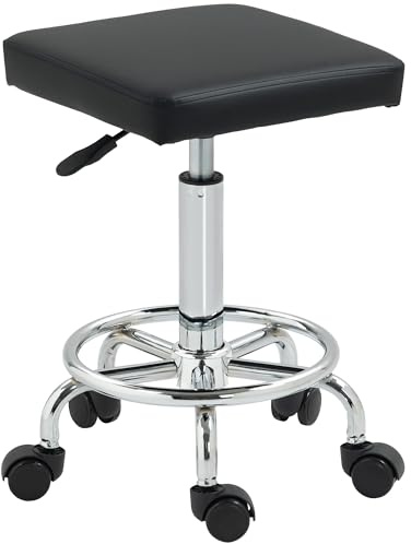HOMCOM Tabouret à roulettes carré chaise de travail avec hauteur réglable 50-66 cm et repose-pieds, tabouret de bureau à roulettes pivotant 360° pour salon de massage, tatouage, clinique, spa, noir
