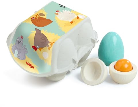 HABA Creative Play – Holzeier-Set für Kinder ab 3 Jahren – Spiellebensmittel inkl. Eierkarton – Rollenspiel-Zubehör für Spielküche & Kaufladen – 2012299001
