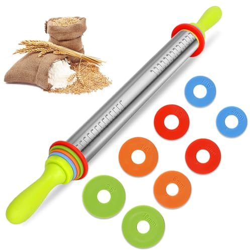 Chingcoo Mattarello regolabile in acciaio inox con 4 anelli di spessore (2/3/6/10 mm) - Mattarello con manico, scala, antiaderente, facile da pulire, perfetto per pizza, biscotti, torte e pane