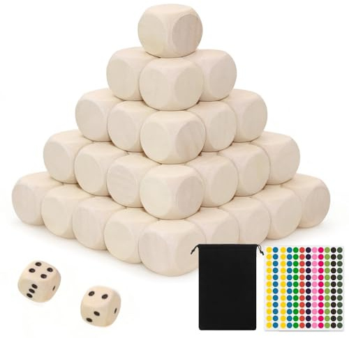 Touosy 60 Pezzi Dadi D6 non Verniciati Dadi 6 Facce con Borsa con Coulisse e Adesivo a Pois Colorati Cubo Legno di Legno Vuoti per Artigianato Fai da te Puzzle e Progetti Creativi (20 MM)