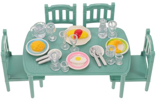 SEWACC Set di mobili in miniatura per casa delle bambole, tavolo da pranzo in miniatura e sedie in plastica con stoviglie e giocattoli per giocare e decorare nella casa delle bambole.
