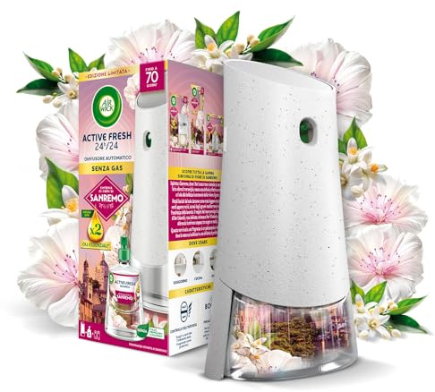 Air Wick Active Fresh Deodorante per Ambienti, Confezione con 1 Diffusore Automatico senza gas, 1 Ricarica alla Fragranza Sinfonia di Fiori di Sanremo con Oli Essenziali 228ml, 2 Pile AA