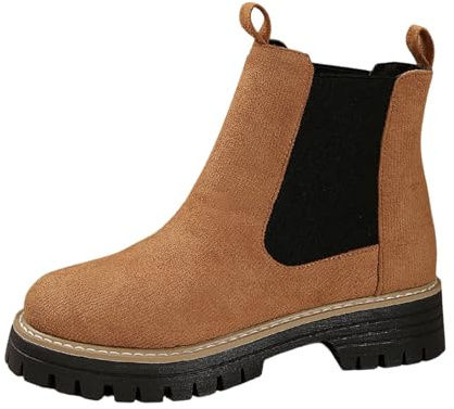 Generisch Bottines pour femme avec talon, plateforme en cuir, bottines Chelsea pour femme, bottines en cuir, bottes à tige large, pour loisirs, mariage, fête