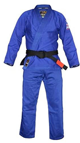 FUJI Lightweight Brazilian Style Jiu Jitsu Uniform, BJJ Uniform with Pearl Weave Fabric Jacket and Bungee Drawstrings, Blue, Size A5