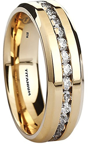 BESTTOHAVE Titanium Ring - 6mm Wide Simulated Diamonds Classic Gold gp Unisex Wedding Engagement Band Ring X