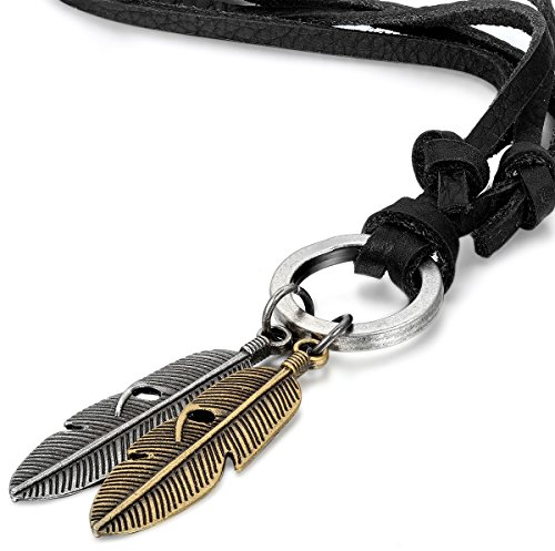 JewelryWe Schmuck Herren Damen Halskette, Engel Feder Anhänger mit Leder Kette, Schwarz Gold Silber