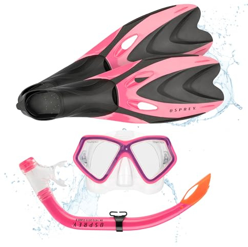 Osprey Snorkel Set with Mask, Snorkel Tube & Flippers, Tempered Glass Lens, Silicone Skirt and Purge Valve, Snorkelling & Scuba Diving Gear for Kids