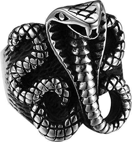 JewelryWe Schmuck Herren-Ring Edelstahl Schlange Kobra Ring Band mit Gravur Silber Punk Größe 57