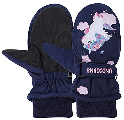 JNUYISW Kinder Skihandschuhe, wasserdichte Fäustlinge Warm Winterhandschuhe Outdoor Winddichte Sport Schnee Handschuhe für 2-10 Jahre Junge Mädchen Laufen Skifahren Snowboard, Einhorn Marine