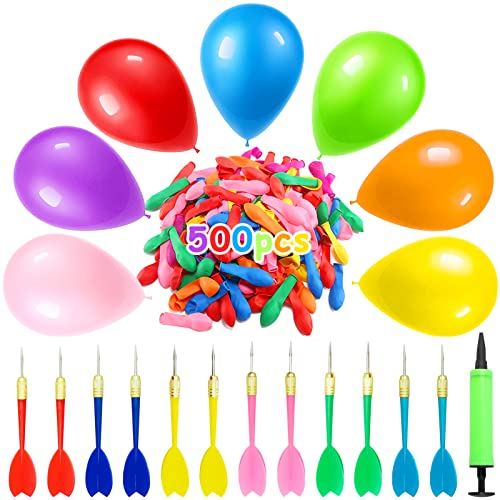 TOPJOWGA Ballon Spiel Set, 12 Stück Dartpfeile Pfeile und 500 Stücke Latex Ballon mit 1 Ballonpump, Spiele Dart Pfeile Luftballons, Latex Ballon Dartspiel für Karneval Geburtstags Kinderparty