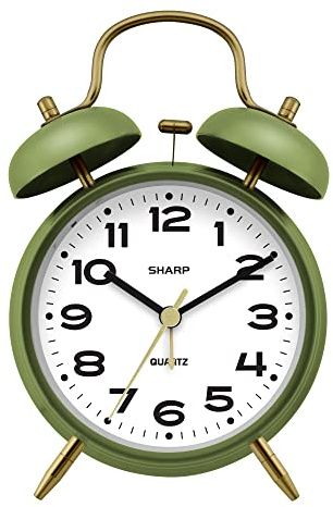 Sharp Twin Bell Alarm Clock, Loud Alarm Great for Heavy Sleepers - Stylish Matte Finish with Rustic Bronze Accents, Battery Operated (Matte Sage)