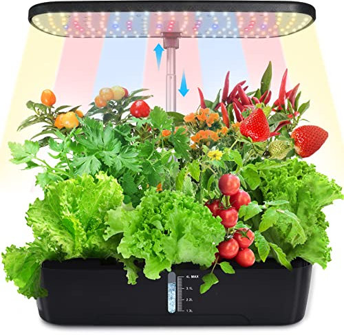 KioGro Hydroponics Growing System, 12 Pods Herb Garden Kit Indoor with LED Grow Light Gardening System, Automatic Timer, Height Adjustable, 4L Water Tank for Home