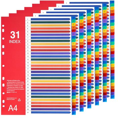 Hotyin Trennblätter für Ordner A4, 31-teilige Register, 6 Stück Ordner Trennblätter Farbig, Ordner-Register A4 mit Mehreren Gestanzten Löchern