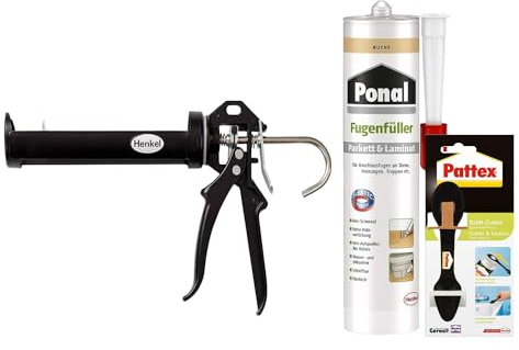 Ponal Parkett & Laminat Fugenfüller Buche, elastische Fugenmasse, silikonfreie Dichtmasse (1x280ml) Kartusche & Pattex Profi Metall Kartuschenpistole & Pattex Glätt-Cutter