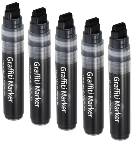 PATIKIL 5 Pcs Graffiti Markers, 15mm Black Poster Markers Thick Acrylic Paint Markers Pen Big Permanent Markers Large for Rock Painting Stone Glass Wood Canvas Poster Sign Ceramic