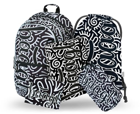 Baagl Schulrucksack Set 5 Teilig für Jungen, Mädchen, Schultasche ab 3. Klasse, Grundschule Ranzen mit Brustgurt, Ergonomischer Schulranzen (Element)