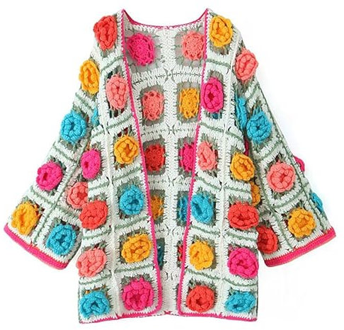 Handgjord boho ros trädgård blommig mormor fyrkantig virkad tröja cardigan grovt stickat garn stickad topp tunn kappa, flerfärgad, one size